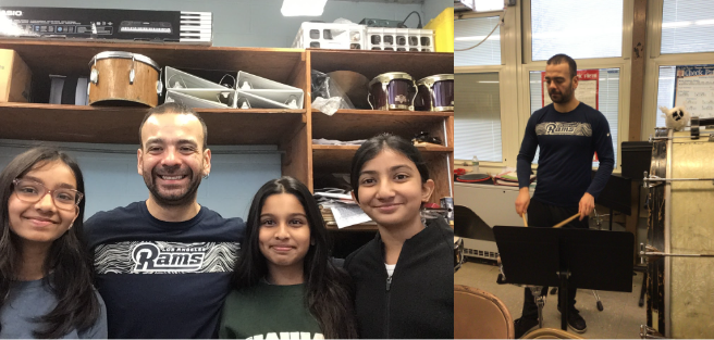 Both of the photos were taken on January 5th 2026.The right one shows Mr.Vazquez playing the drums and the left one shows Mr.Vazquez and his former students from quarter one, Vani, Sidhi, and Sanvika.
