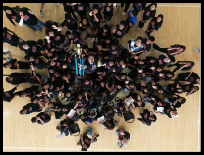 A drone shot of the Iselin Middle School Imagine Math “March Math Madness” winners.