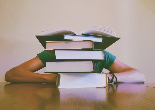 Photo of a student hiding behind a group of books.