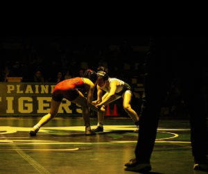 Eva Kotsonis is wrestling in white and green during District Finals